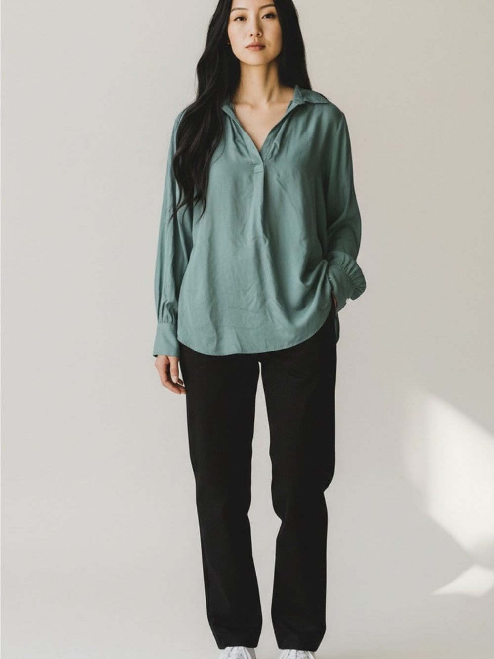 Women's Style & Co Petite Johnny-Collar V- Neck Blouse Sage Green Size Ps
